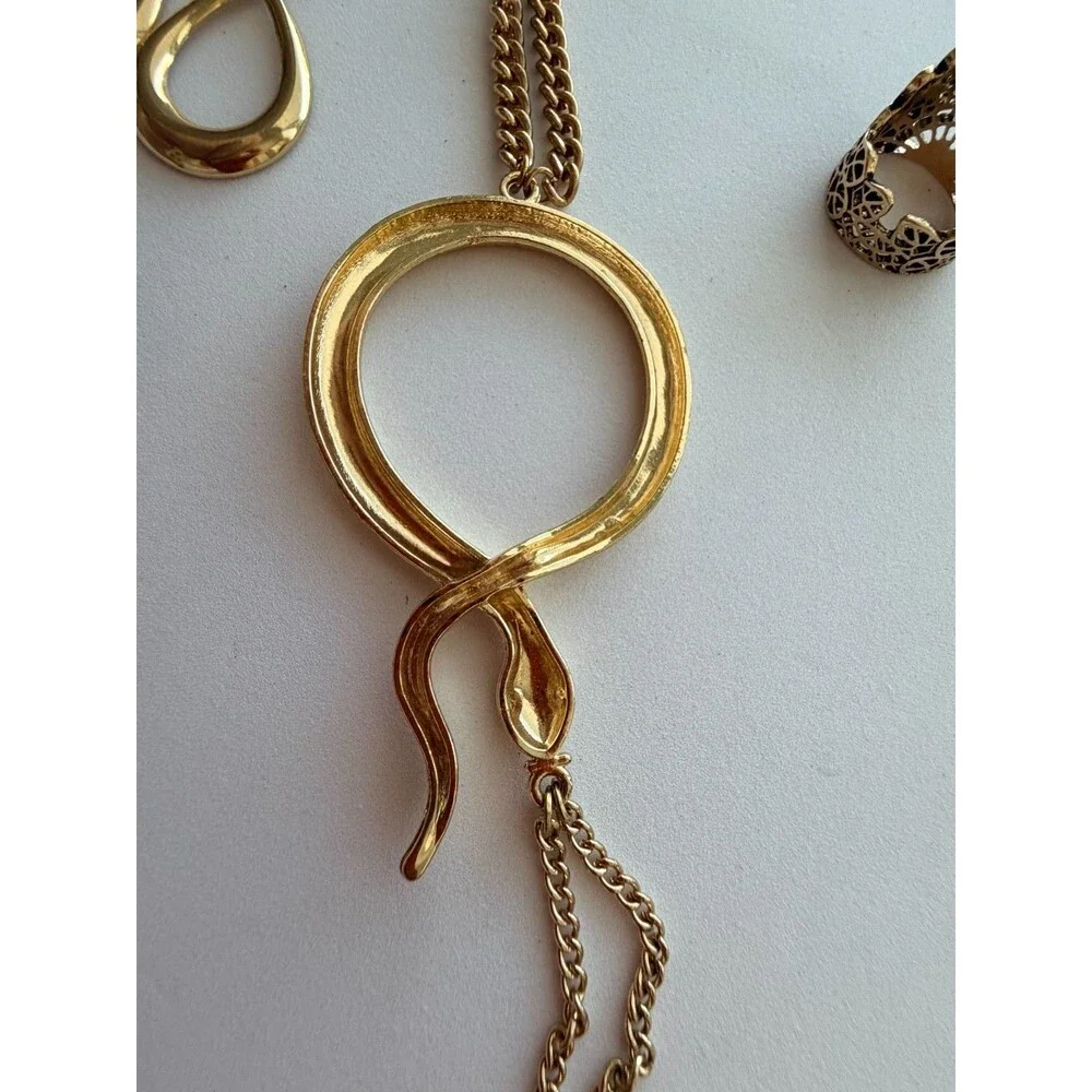 Gold Snake Slave Bracelet, Filigree Crown Ring & Teardrop Earrings Jewelry Set